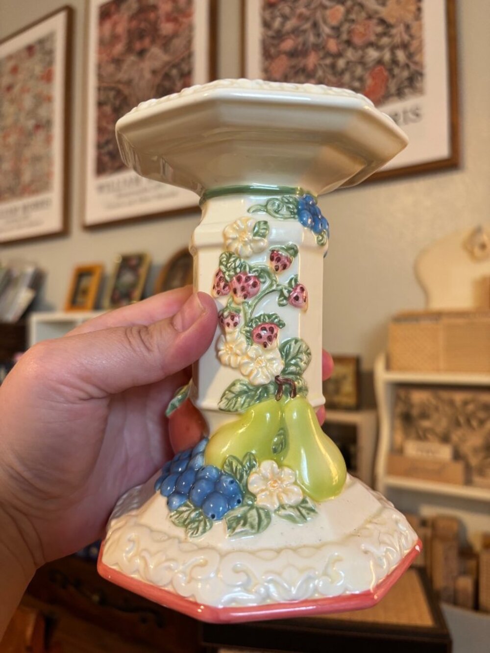 Avon Sweet Country Harvest Ceramic Candle Holder 6" Octagonal Base Fruit  Floral